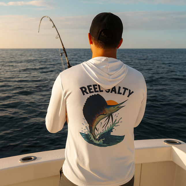 Sailfish Reel Salty Graphic Performance Hoodie Shirt UPF+50