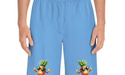 Men's Pineapple Print Board Shorts, Tropical Summer Swimwear, Beachwear, Vacation Essentials, Casual Summer Attire, Fun Beach Shorts
