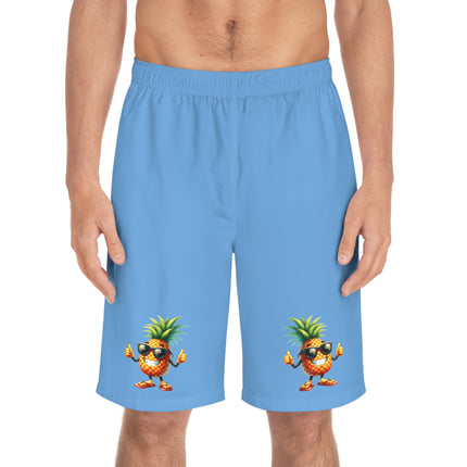 Men's Pineapple Print Board Shorts, Tropical Summer Swimwear, Beachwear, Vacation Essentials, Casual Summer Attire, Fun Beach Shorts
