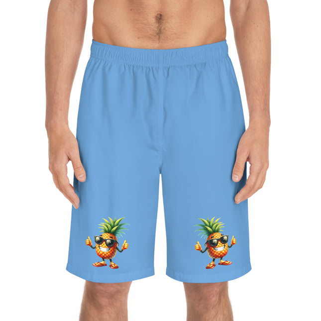 Men's Pineapple Print Board Shorts, Tropical Summer Swimwear, Beachwear, Vacation Essentials, Casual Summer Attire, Fun Beach Shorts