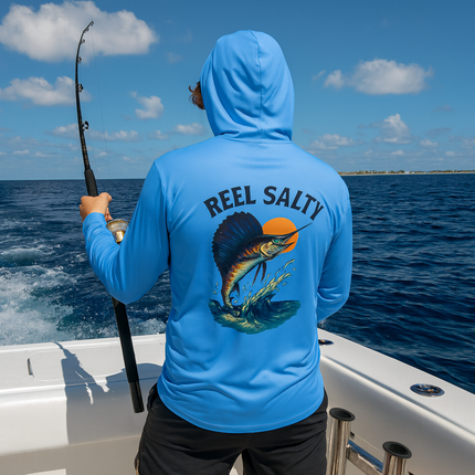 Sailfish Reel Salty Graphic Performance Hoodie Shirt UPF+50